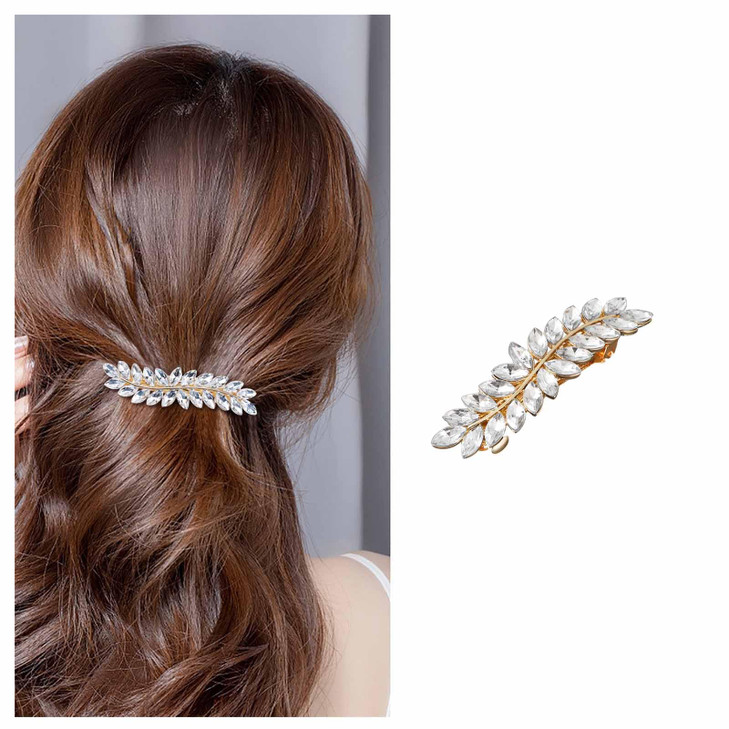 Iaceble Sparkly Crystal Hair Barrette with Gold Leaf for Bridal Headdress Shining Wedding Hair Clip Decorative Accessori