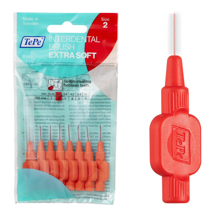 TePe Interdental Brush Extra Soft, Supersoft Dental Brush for Teeth Cleaning, Pack of 8, 0.5 mm, Extra-Small/Small Gaps, Red, Size 2 online at globaldelivered