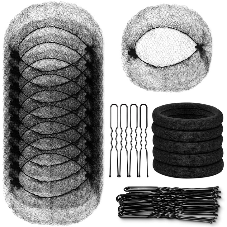 Invisible Elastic Edge Mesh Hair Nets UShaped Pins and Elastic Bands Set for Buns 30 Hair Nets 30 24inch Hair Pins 5 Bla