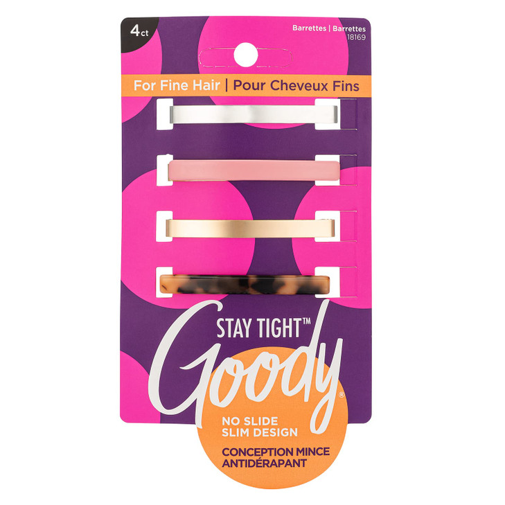 Goody Stay Tight Fine Hair Barrettes 4 Ct Assorted Colors SlideProof Flat Clips Comfortable Versatile Styling Accessorie