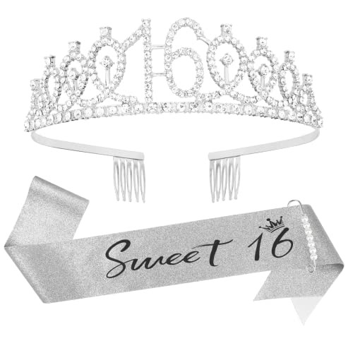 Sweet 16 Party Decorations 16th Birthday Tiara and Sash Silver Sweet 16 Gifts for Girls 16th Birthday Decorations arty S