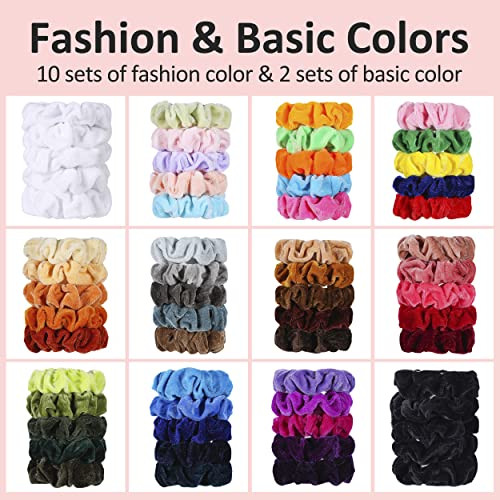 ADRIONE Velvet Scrunchies for Women Girls Kids 60 Bulk Pack Soft Hair Scrunchie Hair Ties Scrunchy for Thick Curly Mediu