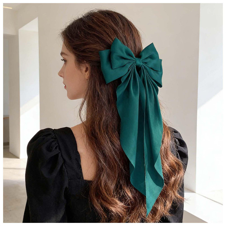 Allereyae Vintage Large Silk Bow Hair Clip Barrette Green Ribbon Headpiece for Women
