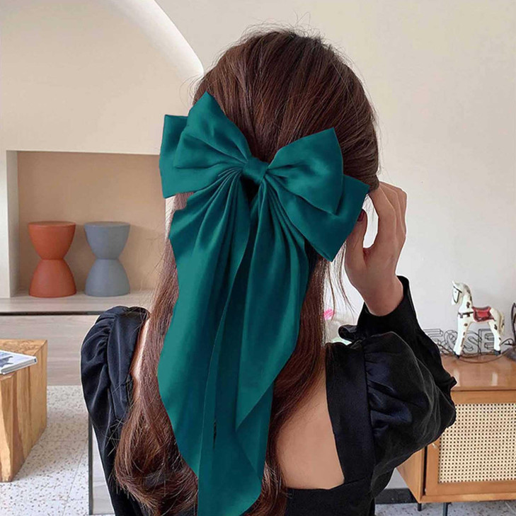 Allereyae Vintage Large Silk Bow Hair Clip Barrette Green Ribbon Headpiece for Women