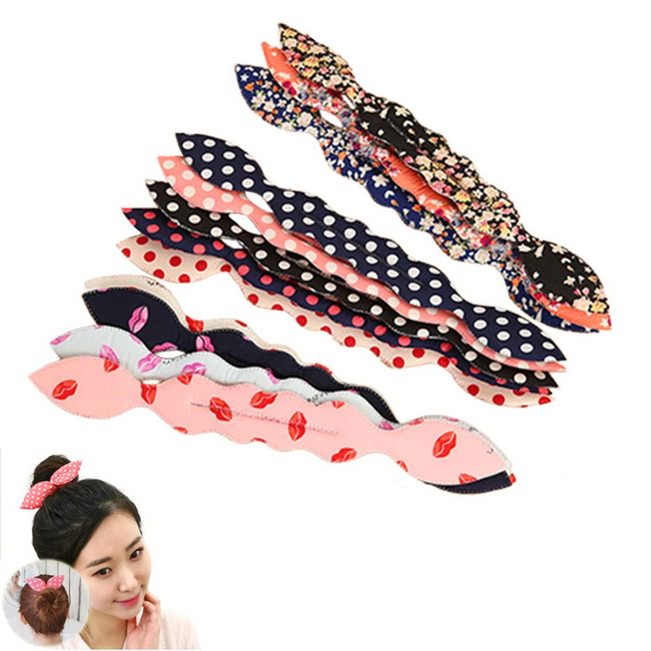 LOVEF 6Pcs Womens Korean Magic Cute Rabbit Bunny Ear Sponge Hair Styling Tools Polka Dot Bow Bun Maker Curler Twist for