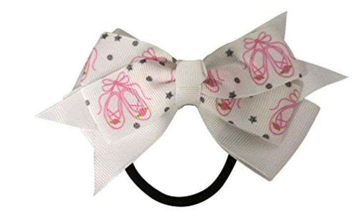 Sportybella Dance Accessories Hair Bow with Pink Ballet Slippers Design Ponytail Holders Gift for Dancers and Dance Enth