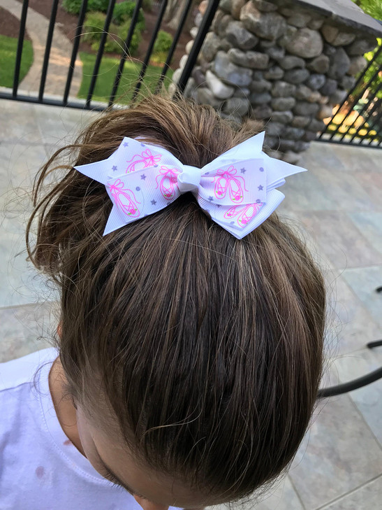 Sportybella Dance Accessories Hair Bow with Pink Ballet Slippers Design Ponytail Holders Gift for Dancers and Dance Enth