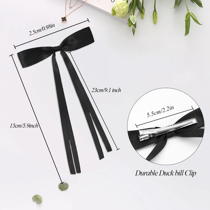 FOWSRHRG 4PCS Bow Hair Clips for Women Satin Tassel Bow Hair Ribbons Yellow Black Long Ribbon Hairpin Fashion Hair Acces