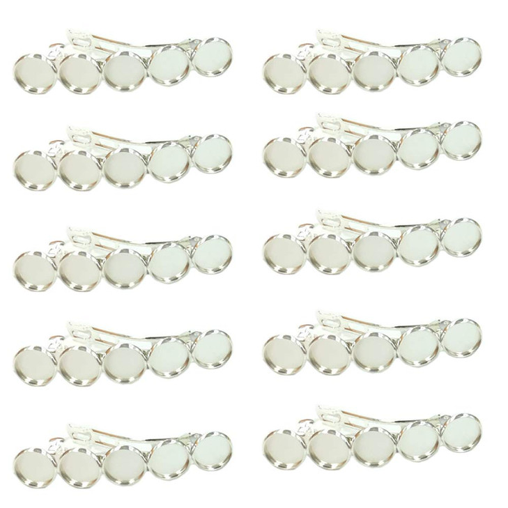 10 Pieces Metal Hair Clips with Round Tray Bases Fit 12mm Hair Clip Cabochon Settings Silver Barrettes with Blank Trays
