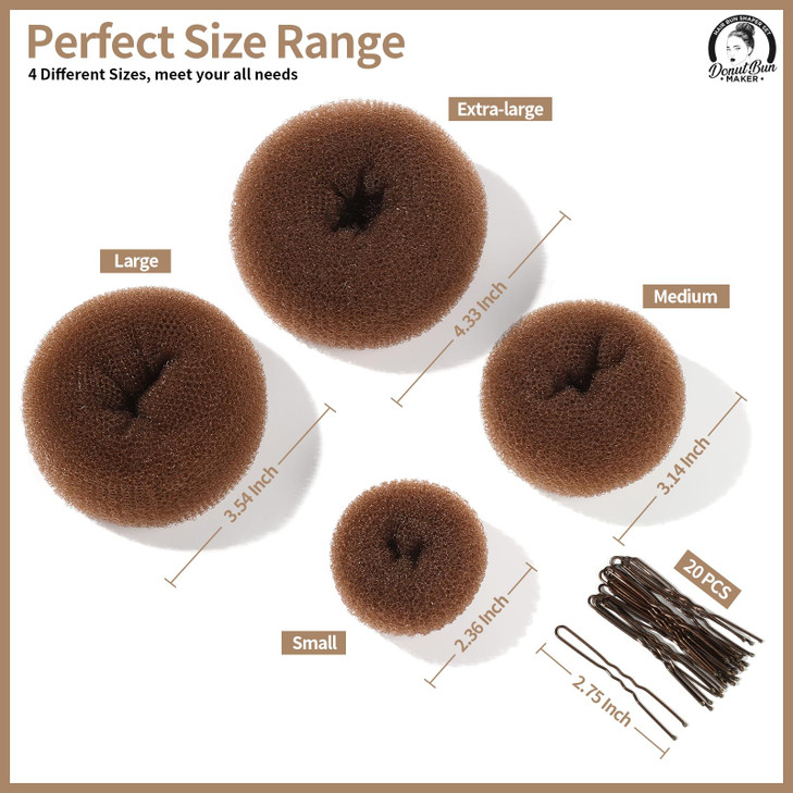 Teenitor Hair Bun Maker for Kids Girls Hair Donuts Ballet Bun in 4 Sizes Light Brown