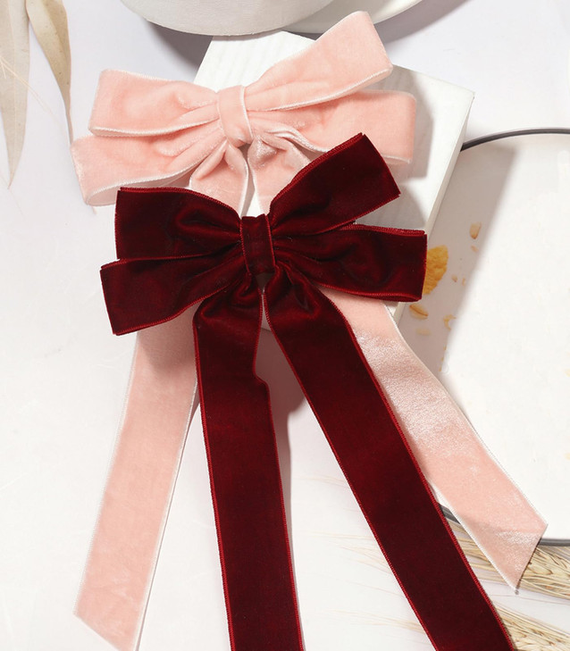 Furling Pompoms Hair Bow Clip 4pcs Hair Accessories for Women Black Pink White Burgundy Red with Long Tail Velvet Hair R