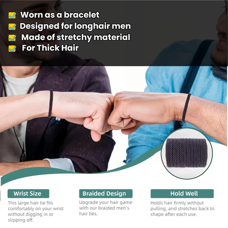 Large Braided Mens Hair Ties Man Hair bands for Longhairs Men Bun Black Pony Tails Ties for WomenGuys Bracelet Hair TieF