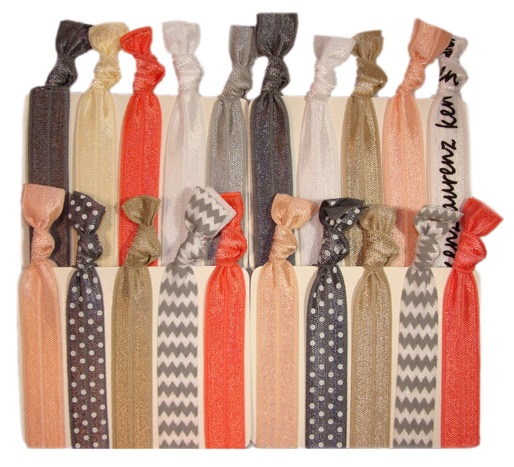 Kenz Laurenz Hair Ties Ponytail Holders 20 Pack Silver Peach Chevron No Crease Ouchless Elastic Styling Accessories Pony
