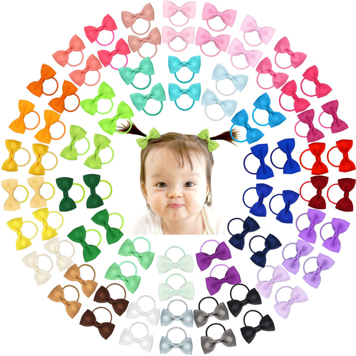 CLLOT 80PCS 2 Inches Baby Bows Hair Ties Mini Boutique Hair Bows Durable Elastic Rubber Ribbon Hair Band Accessories for