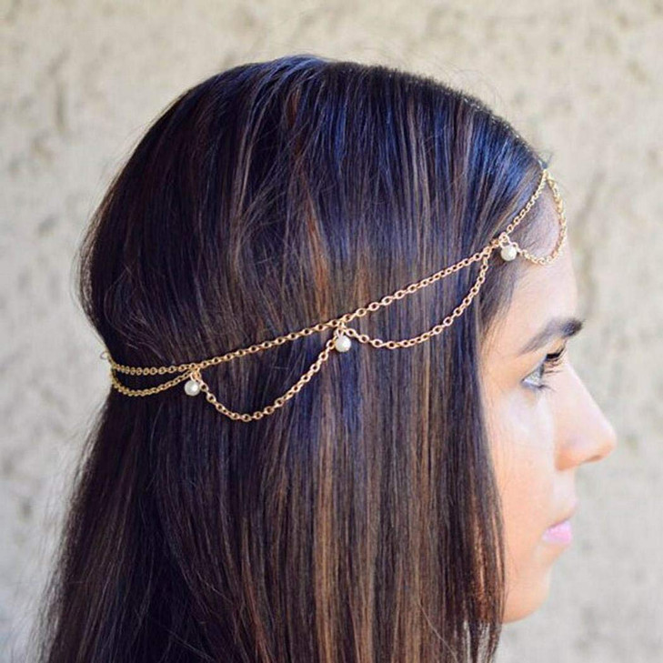 Ursumy Indian Hair Chain Festival Hair Pearl Headchain Tassel Headpiece Wave Head Chain for Women S