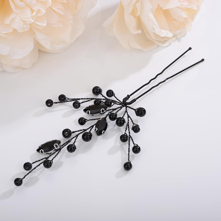 Teyglen 3pcs Black Pearl Crystal Wedding Hair Pins Set for Bride Wedding Hair Accessories Handmade Black Pearl Hair Piec