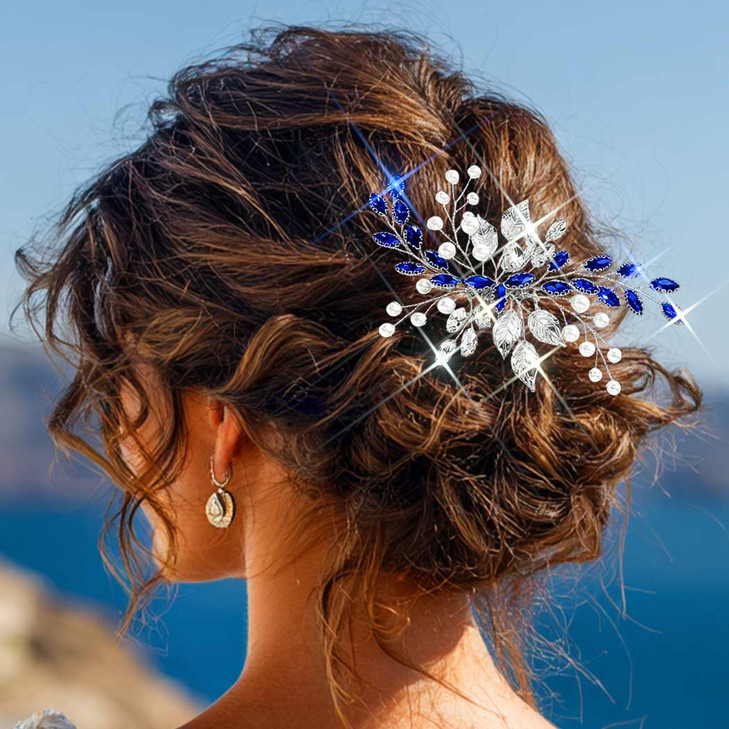Unsutuo Navy Blue Rhinestone Hair Comb Saffire Crystal Hair Pieces Pearl Wedding Hair Accessories for Women and Girls