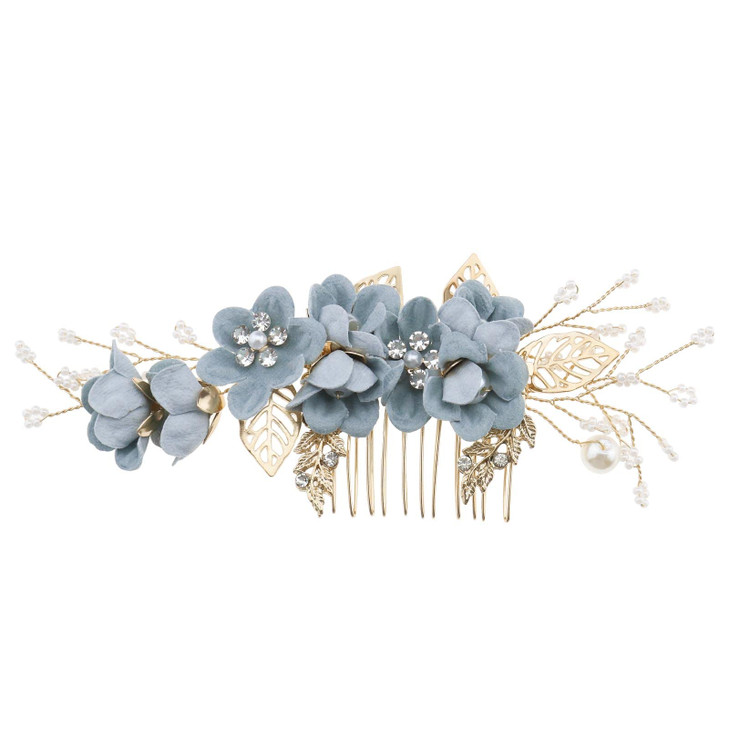 Micro Traders Hair Comb Wedding Bridal Hair Clip Rhinestone Pearl Floral Headpiece Hair Accessories for Bridesmaid Blue