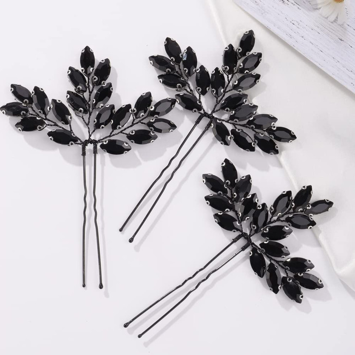 Missgrace Women Halloween Vintage Black Rhinestones Hair Pins Headpiece Crystals Hair Accessories for Women Set of 3