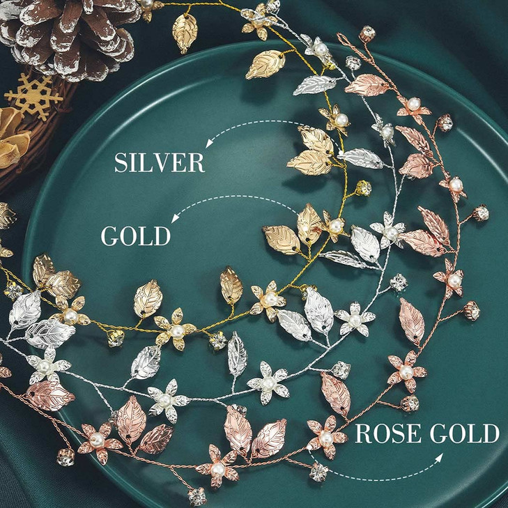 Yean Bride Wedding Hair Vine Headband Gold Leaf Bridal Accessories for Women Rose Gold