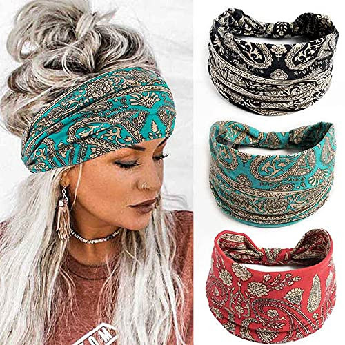 Aceorna Boho Bandeau Headbands Wide Knot Hair Band Stretch Turban Head Wraps Fashion Hair Accessories for Women 3 Pcs Or