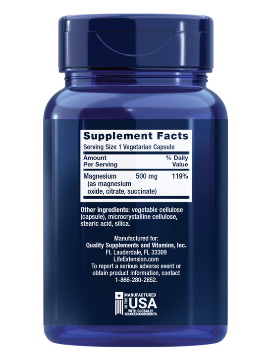 Life Extension Magnesium Caps, 500 mg, Magnesium Oxide, Citrate, and Succinate, Heart Health, Healthy Bones, Metabolism Support, 100 Vegetarian Capsu