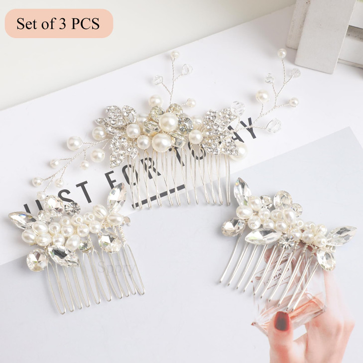 Sppry Elegant Rhinestone Pearl Hair Combs Jewelry Floral Crystal Hair Accessories for Bridal Women at Wedding Prom Set o