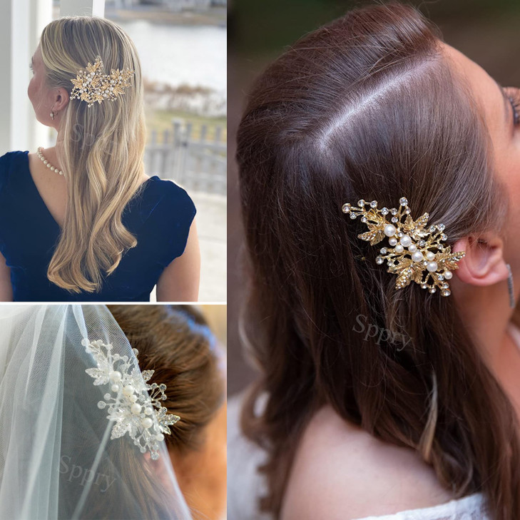 Sppry Rhinestone Pearl Alligator Hair Clips for Wedding Jewelry Headpiece for Bridal Women Set of 2 Silver