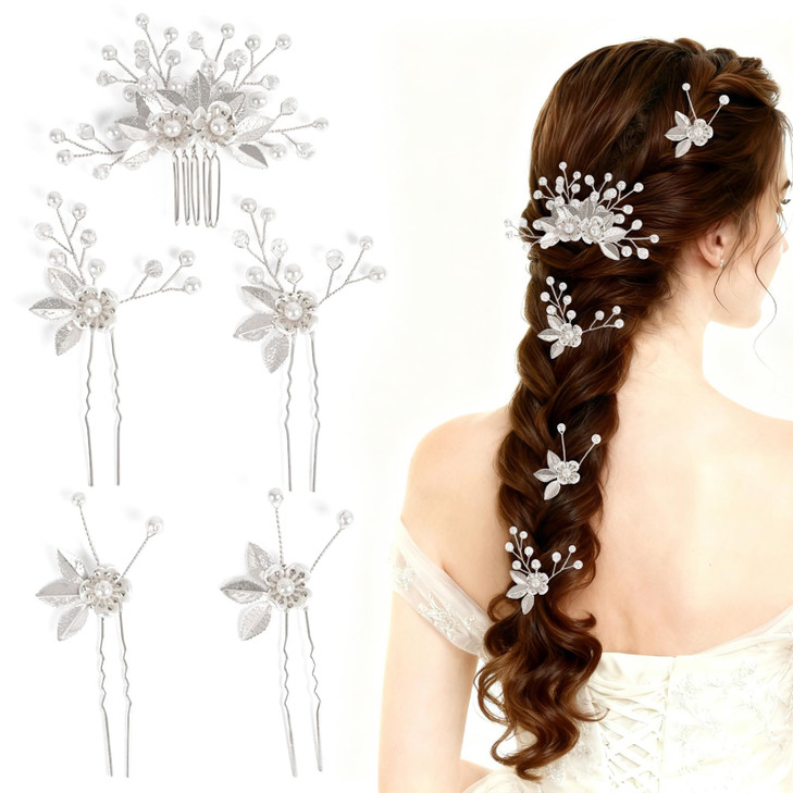 Sppry Fancy Leaf Floral Pearl Hair Pins Rhinestone Wedding Hair Accessories for Bridal Women Set of 5 Silver