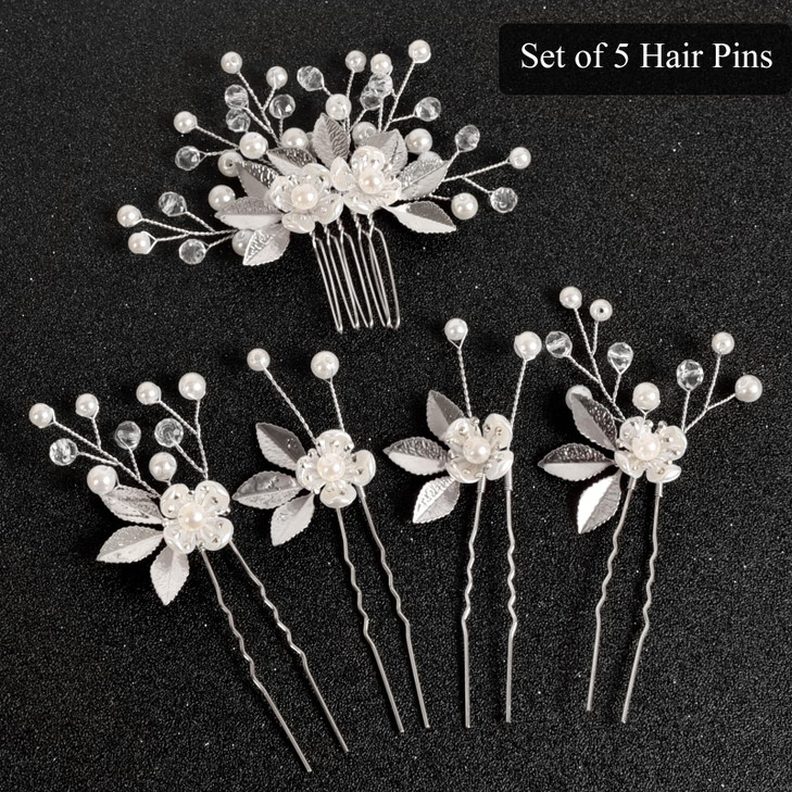 Sppry Fancy Leaf Floral Pearl Hair Pins Rhinestone Wedding Hair Accessories for Bridal Women Set of 5 Silver