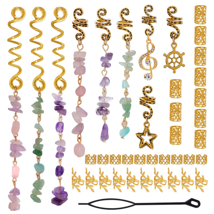40Pcs Hair Jewelry for Braids hoyuwak Natural Colored Crystal Stone Hair Braid Accessories Metal Hair Charms Gold Loc Dr
