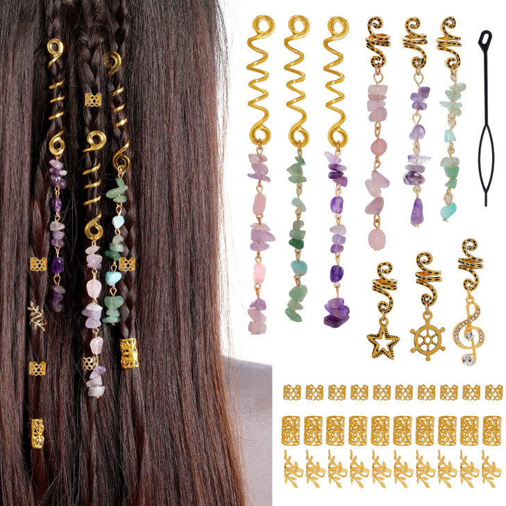 40Pcs Hair Jewelry for Braids hoyuwak Natural Colored Crystal Stone Hair Braid Accessories Metal Hair Charms Gold Loc Dr