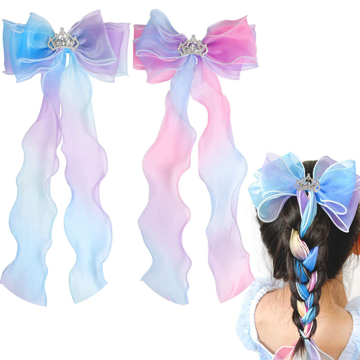 2 Pcs Ribbon Hair Bows for Girls Colorful Princess Hair Barrettes Alligator Clips Valentines Day Gifts for Daughter Girl