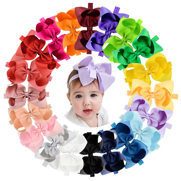 jollybows 20pcs Baby Girls Grosgrain Ribbon Hair Bows Headbands 6 Elastic Hair Band Hair Accessories for Infants Newborn