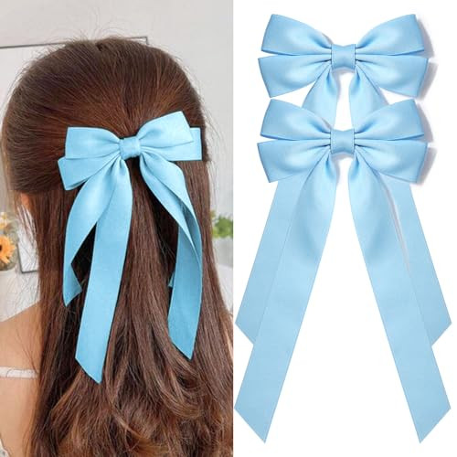 Aileam 2PCS Silky Satin Hair Bows Blue for Hair Securing Hairdressing Ponytail Holders Women Girls Toddlers Teens Kids H