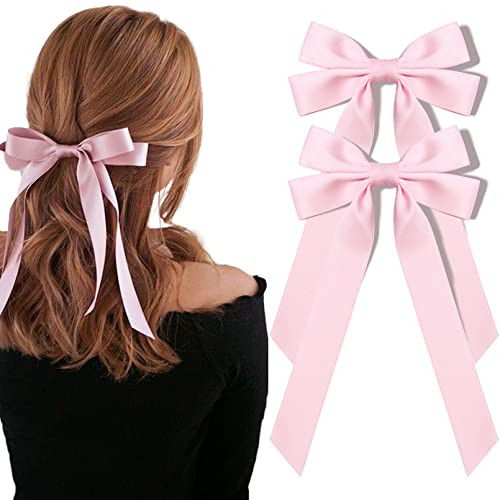 Silky Satin Hair Bows and Ribbons 2PCS Pink Alligator Clips for Ponytail Holders Hair Accessories for Women Girls Toddle