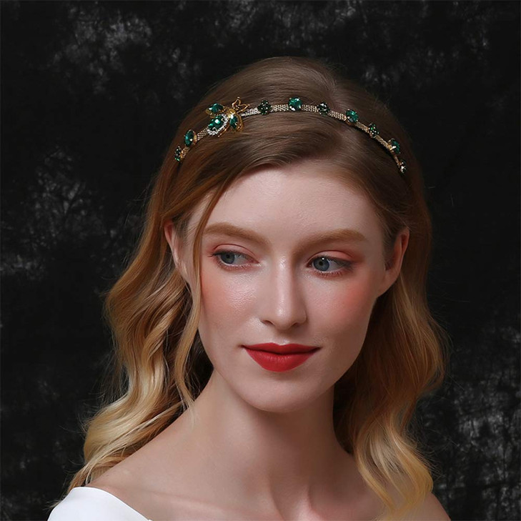 Aimimier Baroque Bridal Crystal Headband Vintage Embellished Green Rhinestone Crown Thin Bee Hair Hoop for Women