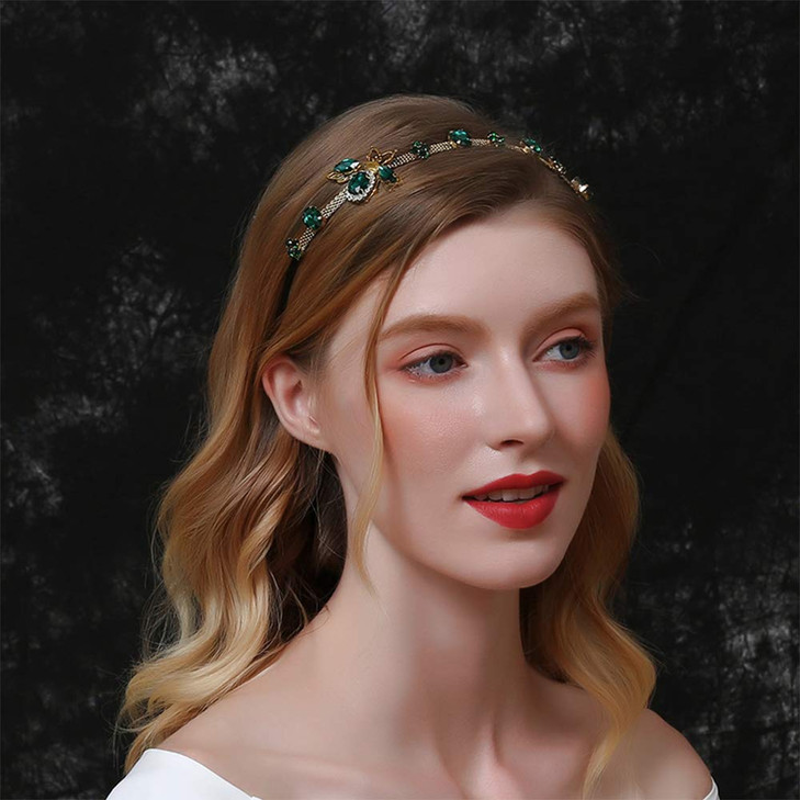 Aimimier Baroque Bridal Crystal Headband Vintage Embellished Green Rhinestone Crown Thin Bee Hair Hoop for Women