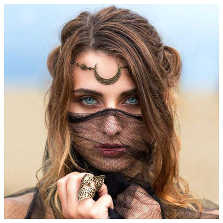 Aimimier Viking Crystal Head Moon Circlet Headpiece Crescent Forehead Chain Halloween Crystal Headband Prom Hair Jewelry