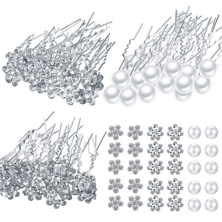 60 Pieces Bridal Hair Pins Accessories Pearl Rhinestone Flower U Shape Clips Jewelry Prom Hair Barrettes Decorations for