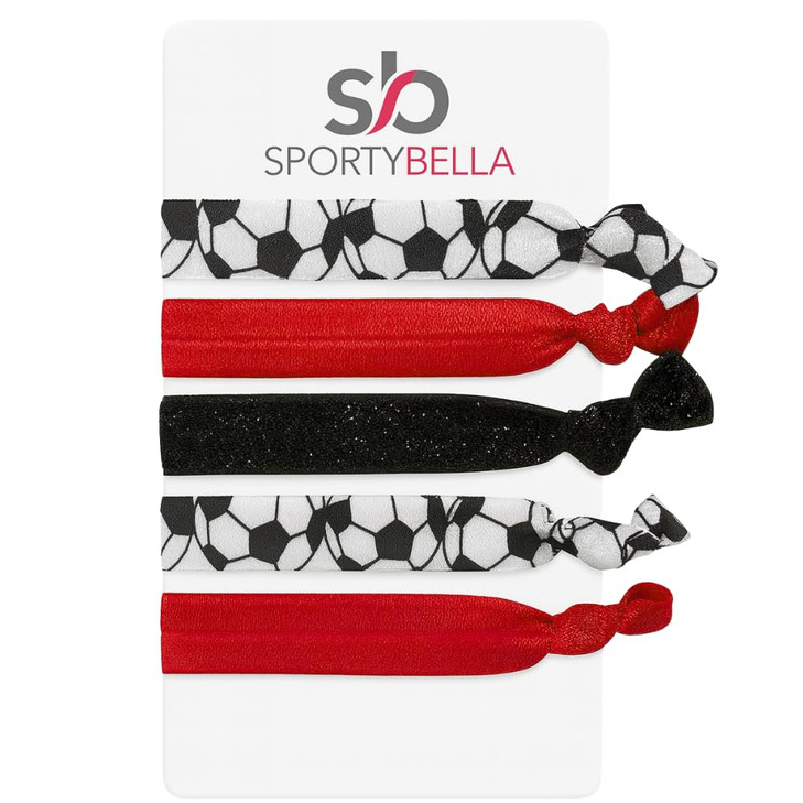 Sportybella Soccer Hair Ties 5pc Set No Crease Ponytail Holders Bracelets Red Black White Soccer Ball Design Cute Soccer