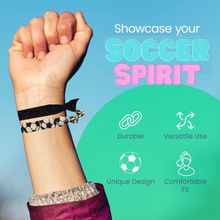 Sportybella Soccer Hair Ties 5pc Set No Crease Ponytail Holders Bracelets Red Black White Soccer Ball Design Cute Soccer