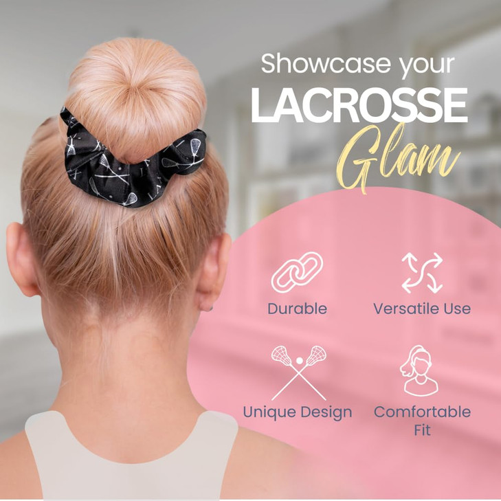 Sportybella Girls Lacrosse Scrunchie Black Velvet Hair Tie for All Hair Types Lacrosse Stick Design Lacrosse Accessories