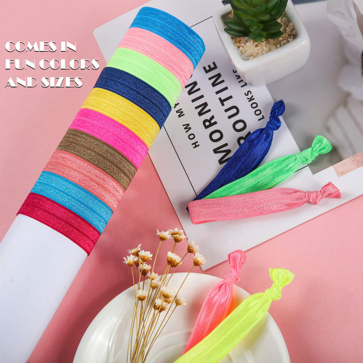 WILLBOND 200 Pieces Elastic Knotted Hair Ties Colorful Ribbon Hair Bands No Crease Ponytail Holders Multicolor Fold over