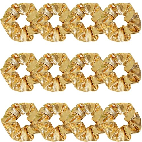 12 Pcs PU Leather Cheer Hair Scrunchies Gold Scrunchy School Performance Ponytail Holder Hair Accessories for Cheerleadi