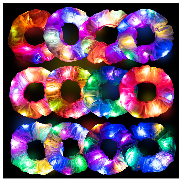 Lolalet 12PCS LED Light Up Hair Scrunchies Neon Hair Ties Glow in the Dark Accessories for Sleepover Party Favors Colorf