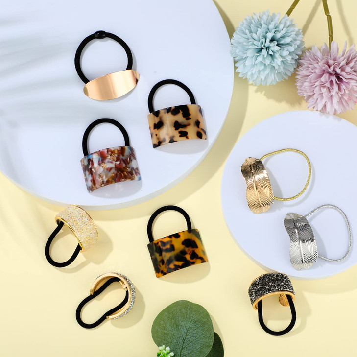 9 Pack Ponytail Hair Cuff Metal Rhinestone Decorative Fancy Ponytail Holder for Women Gold Elastic Glitter Hair Tie Wrap