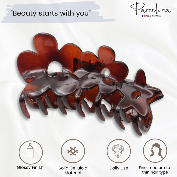 Parcelona French Flowers Medium Covered Spring Brown Tortoise Shell Celluloid Jaw Hair Claw Clips for Women Made in Fran