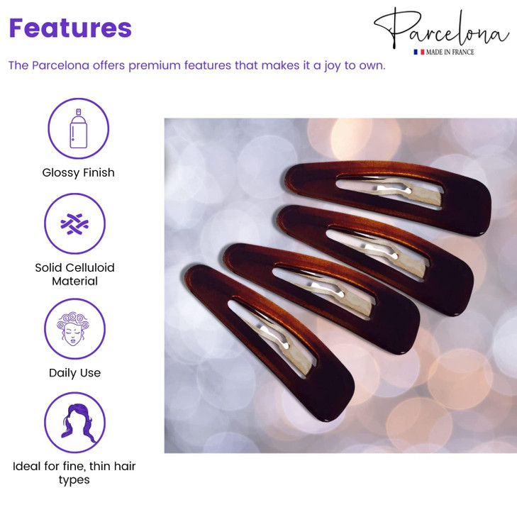 Parcelona French Small Tortoise Shell Brown 2 Celluloid Acetate Set of 4 Snap Hair Pin Clips for Women and Girls