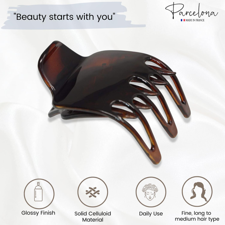 Parcelona French Wide Paw Tortoise Shell Brown 2 Celluloid Covered Spring Side Slide In Jaw Yoga Hair Claw Clip for Wome